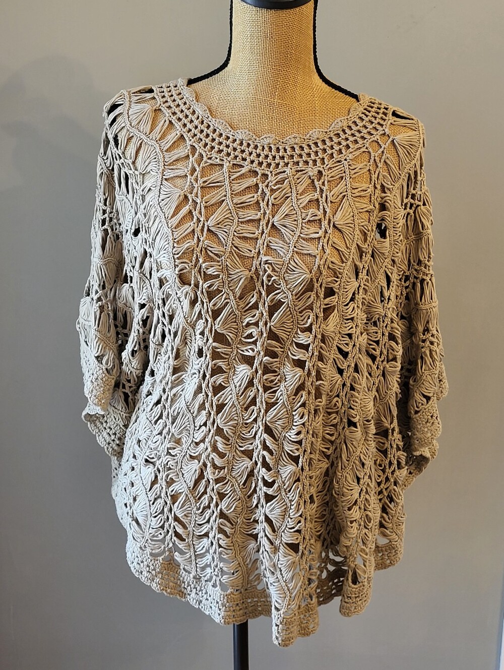 Chico's Tan Open Weave Poncho Cotton-blend S/M - Picture 4 of 7